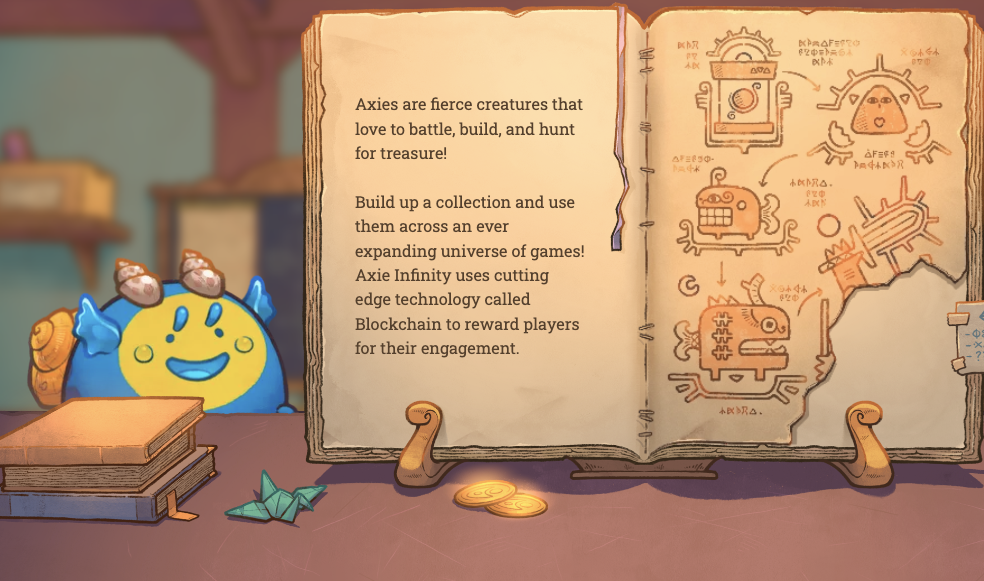Image featuring a character from the Axie Infinity blockchain game and book with basic instructions. 
